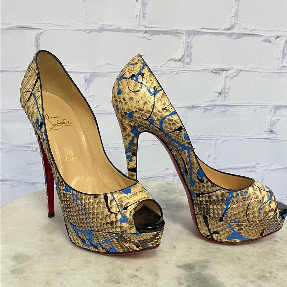 Christian Louboutin python graffiti print lady peep pumps